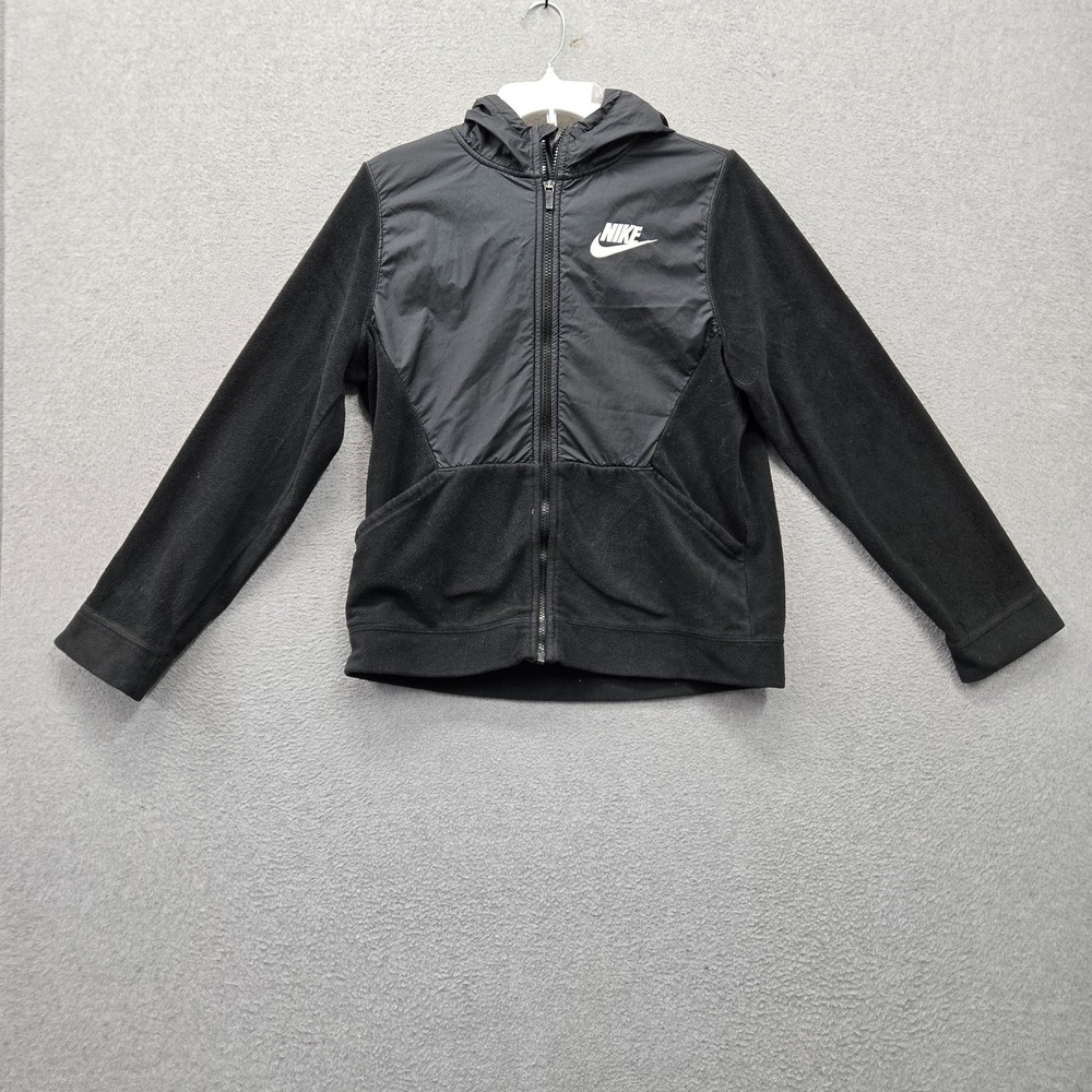 Nike Boys Jacket XL Black Sportswear Full Zip Fleece Swoosh Logo Spellout Pocket